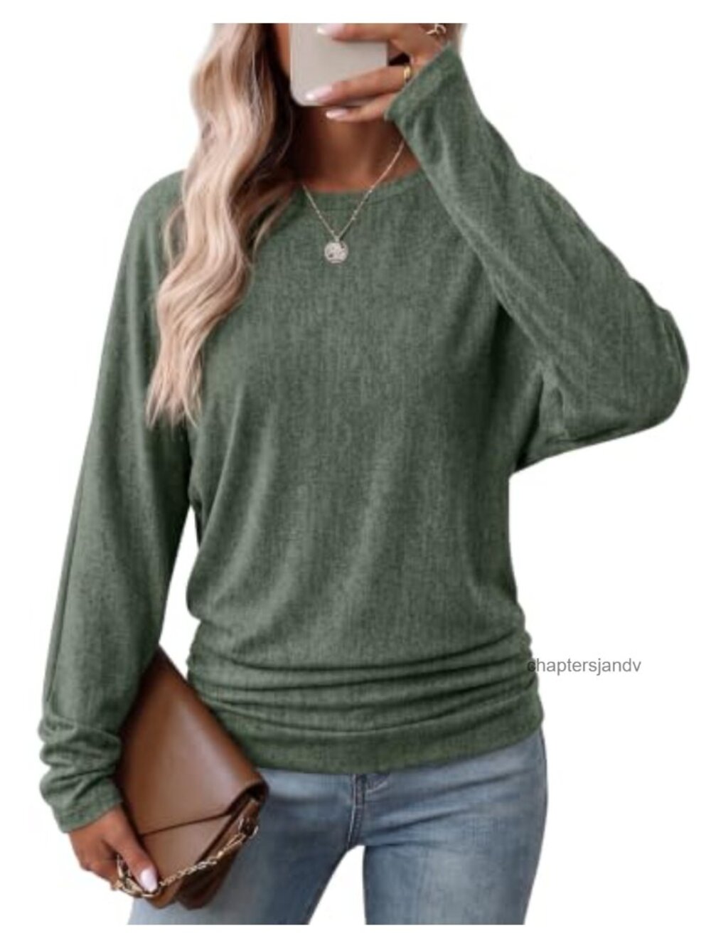Womens Long Sleeve Ruched Hem Dolman Sleeve Lightweight Pullover Top